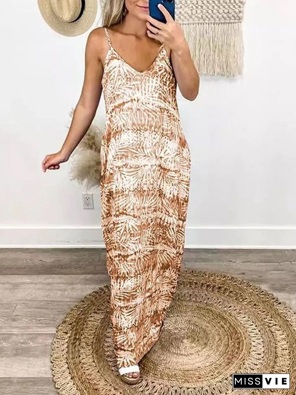 Women'S Dresses Loose Tie-Dye Print V-Neck Slip Dress