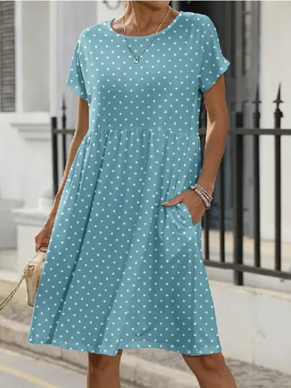 Mature Women Summer Short Sleeve Round Neck Pocket Polka Dot Print Dress