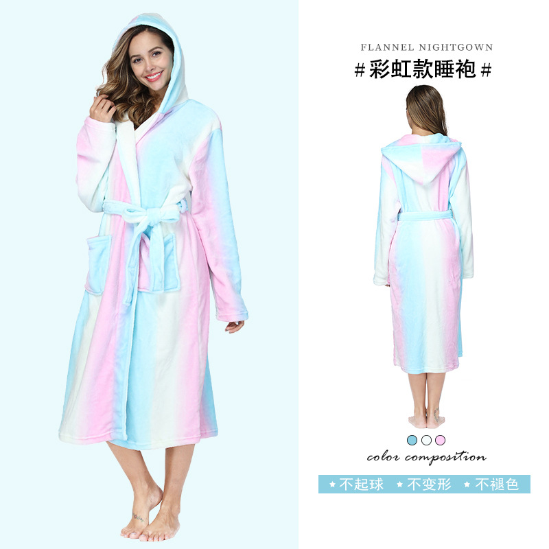 Collabteeshop men costume adults Flannel print rainbow hooded large pocket pajamas hotel autumn and winter pajamas extended couple bathrobes coat hot sell