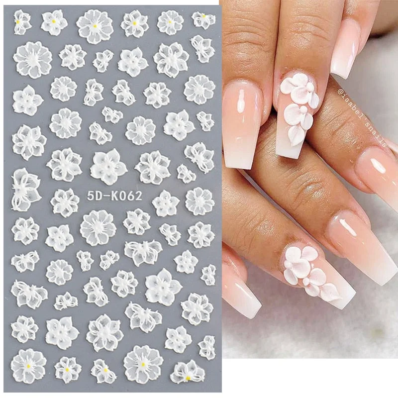 1PC Simple White Embossed Flower Lace 5D Sticker Three-dimensional Embossed Nail Art Decal Floral Butterfly Decoration