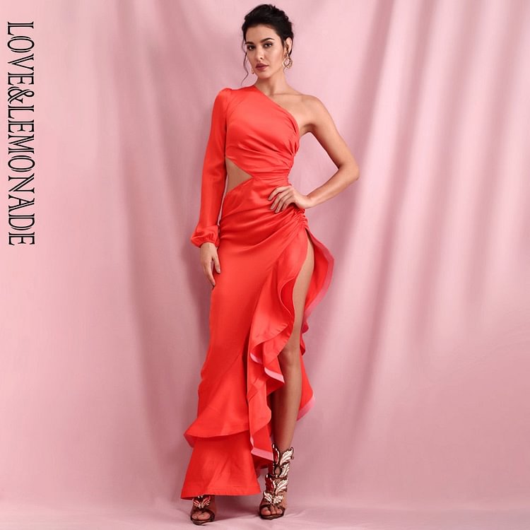 Sexy Red Off-Shoulder Side Whit Split Cut Out Ruffled Long Sleeve Maxi Dress LM82202-1 - BlackFridayBuys