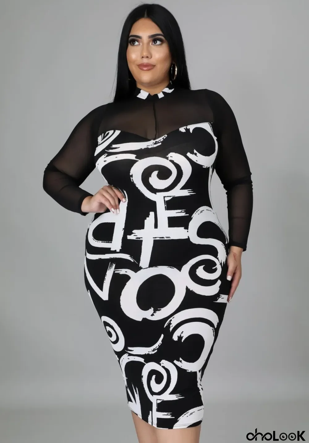 Autumn Plus Size Print Black Long Sleeve Midi Bodycon Dress