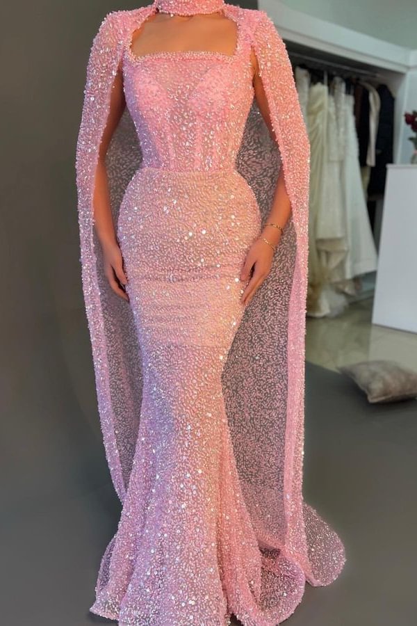 Bellasprom Pink Sequins Prom Dresses Mermaid Square With Cape