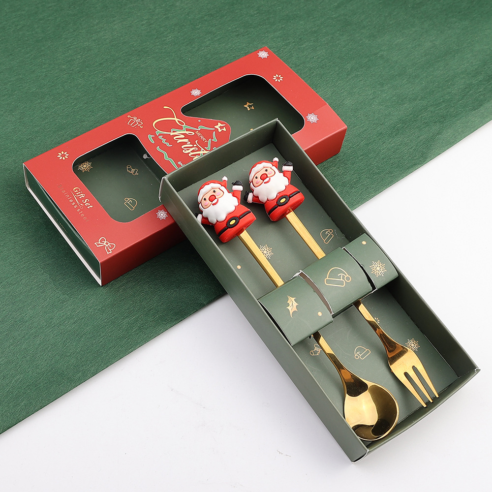 Christmas Spoon & Fork Set - Creative Cute Coffee Stirrer & Fruit Fork Gift Santa Reindeer