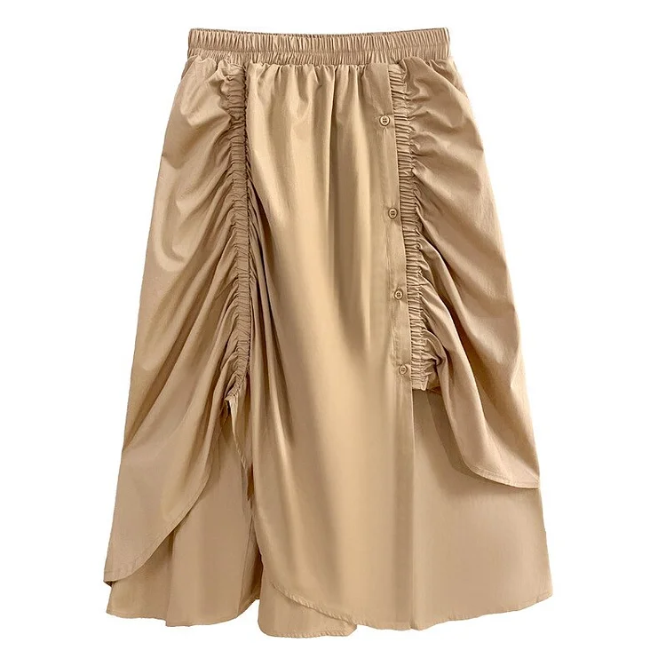 Elegant Khaki Asymmetrical Folds Double Layer Patchwork Skirt   