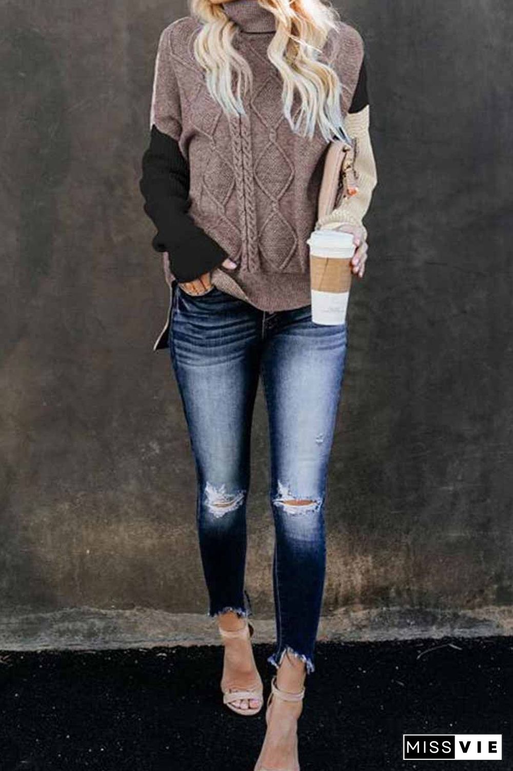 Loose High Neck Striped Double Color Sweater