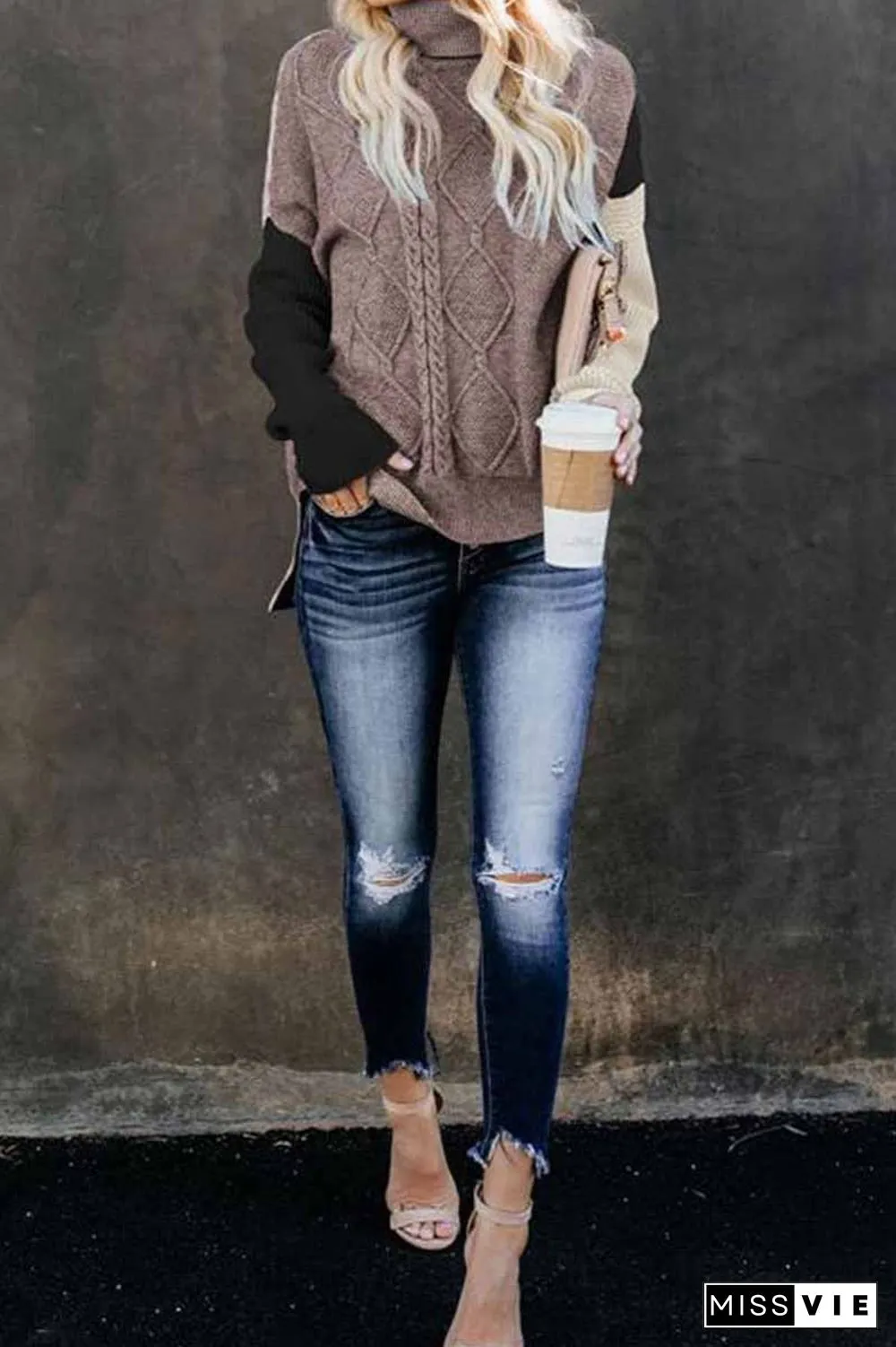 Loose High Neck Striped Double Color Sweater
