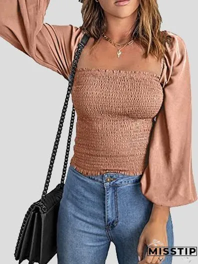 Blouses Square Neck Long Sleeves Slim Blouse for Women