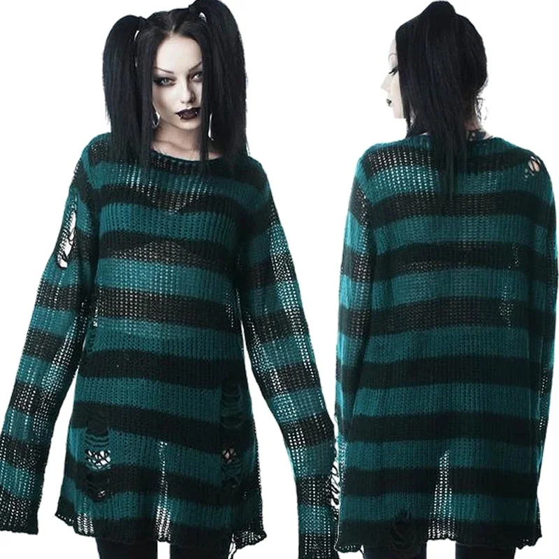 2021 Women Man  Sweater Dress Punk Gothic Long Unisex Cool Hollow Out Hole Broken Striped Jumper Loose Rock Thin Sweater