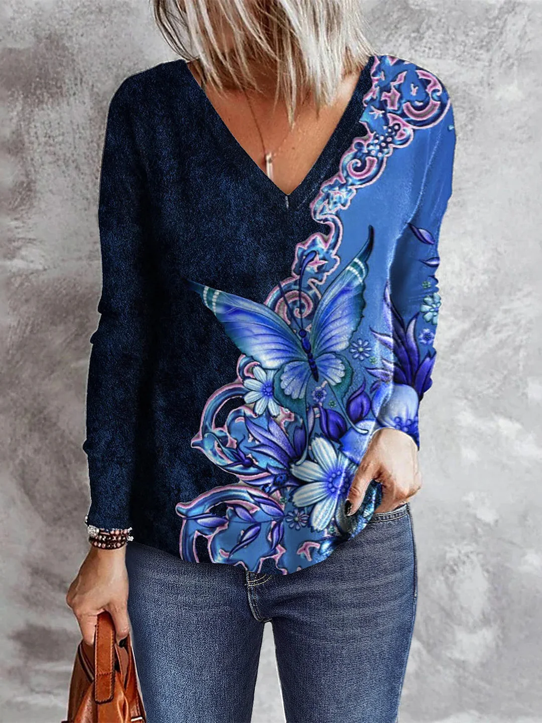 Women Long Sleeve V-neck Graphic Floral Printed Top