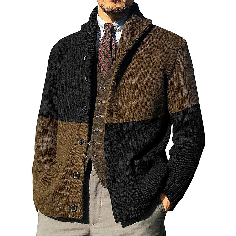 Casual Lapel Collar Colorblock Single Breasted Knitted Coat