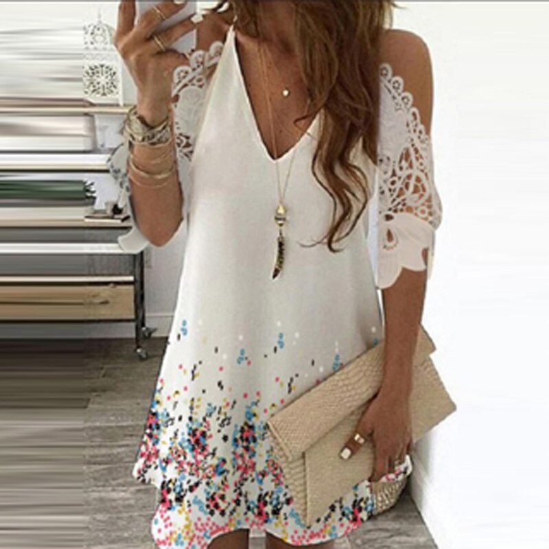 2021 Summer V Neck Floral Print Party Dress Women Spring Half Sleeve Lace Mini Dress Femme Off Shoulder Embroidered A-Line Dress