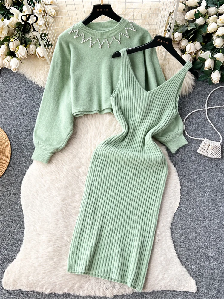 Huibahe Pearls Knitted Suits Winter O Neck Long Sleeves Pullover+Strap Slim Bodycon Dress Female Elegant Striped Sweater Sets