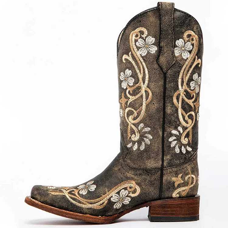 Dark Brown Distressed Floral Mid-Calf Cowgirl Boots with Chunky Heels |FSJ Shoes