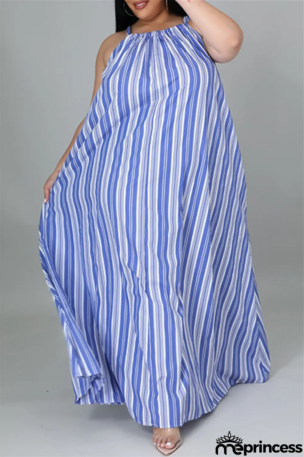 Light Blue Fashion Casual Plus Size Striped Print Backless O Neck Sleeveless Dress