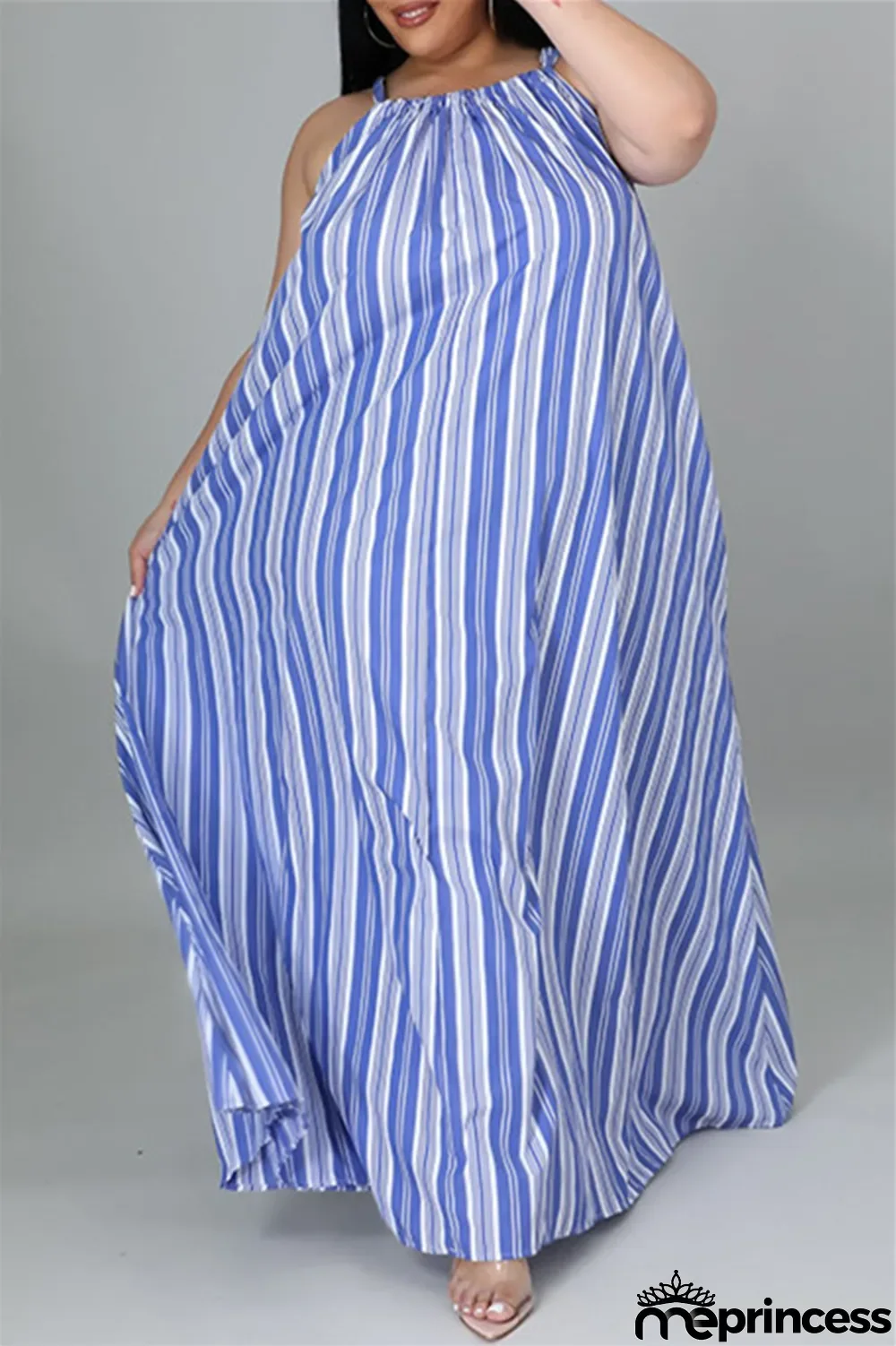 Light Blue Fashion Casual Plus Size Striped Print Backless O Neck Sleeveless Dress