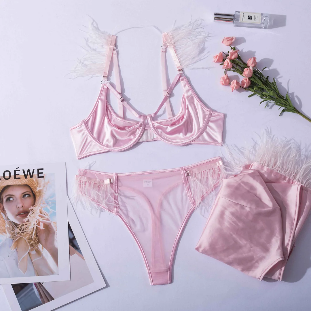 Billionm Feather Lingerie Transparent Bra Sexy Couple Underwear Luxury Lace Set Woman 2 Pieces Seamless Exotic Sets Intimate