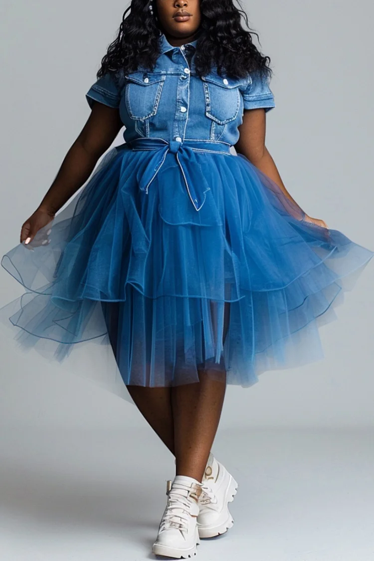 Xpluswear Design Plus Size Daily Blue Casual Shirt Collar Short Sleeve Contrast Tencel Denim Midi Dresses [Pre-Order]