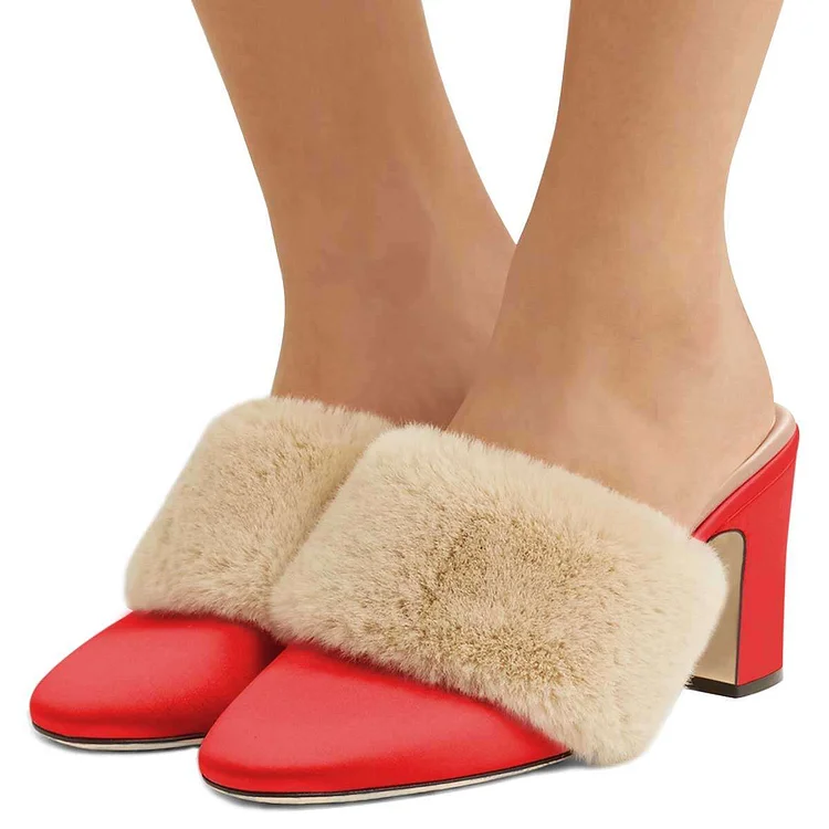 Red Satin Round Toe Chunky Heel Faux Fur Embellished Mules Shoes |FSJ Shoes