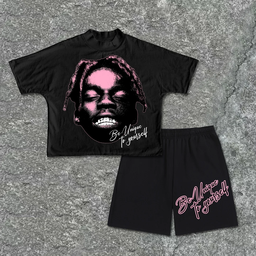 Pink Big-Headed Dirty Braided Boy Graphics Cotton Suit