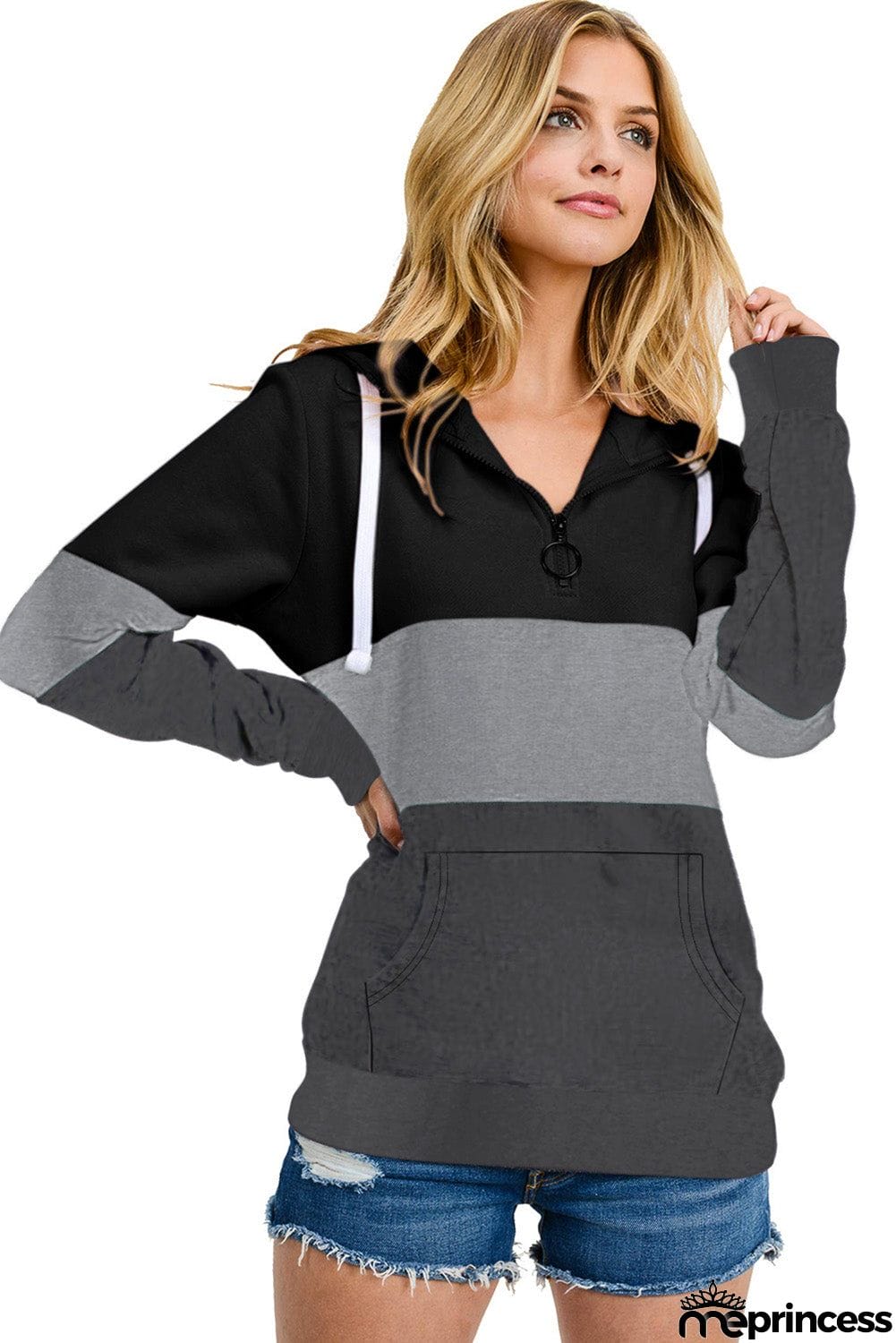 Color Block Zipped Neck Hoodie