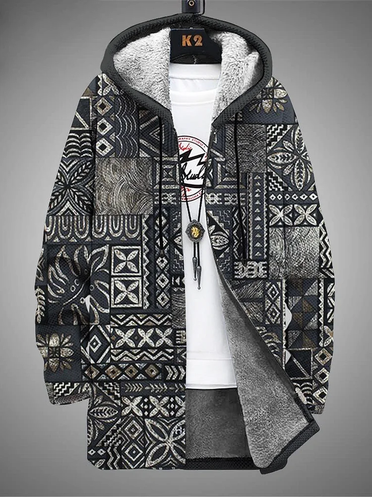Men's Black Ethnic Geometric Pattern Print Fleece Lined Hooded Trench Coat