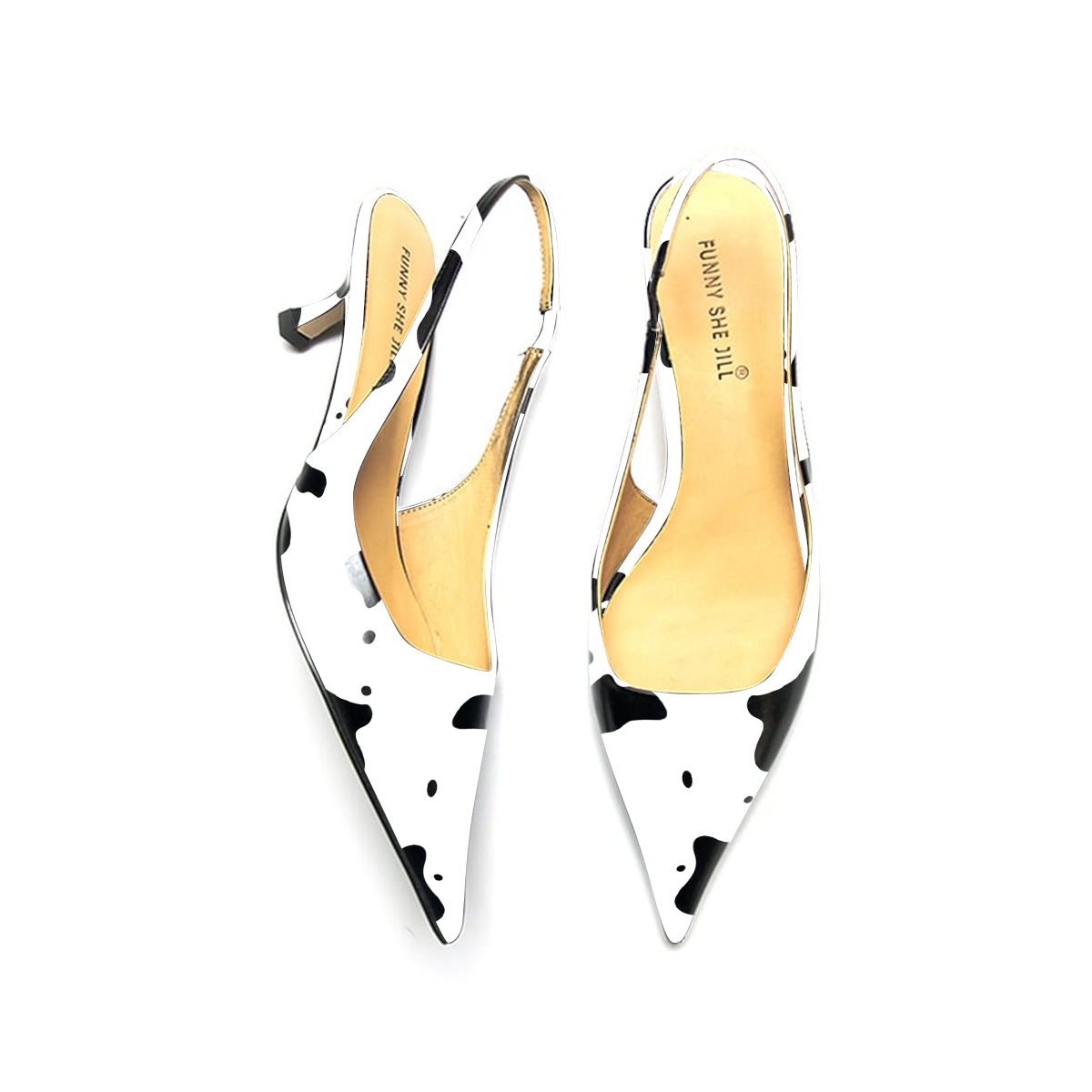 White Vegan Leather Pointed Toe Kitten Heel Pumps with Dairy Cow Pattern Nicepairs