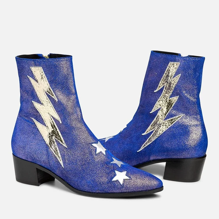 Blue Sparkling Lightning Bolt and Stars Women's Heeled Ankle Boots |FSJ Shoes