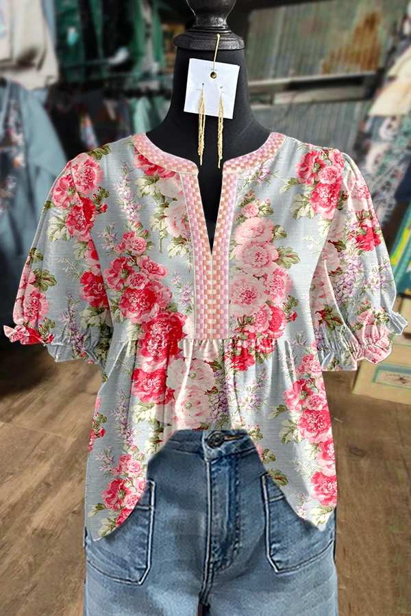 Retro Floral Print Embroidered Neck Puff Sleeve Top