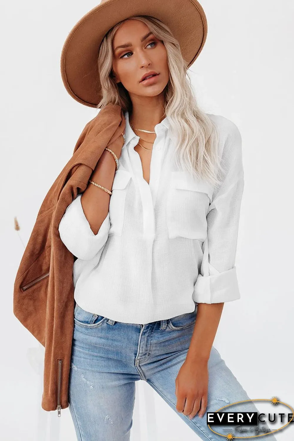 White Buttoned Long Sleeve Shirt with Pocket