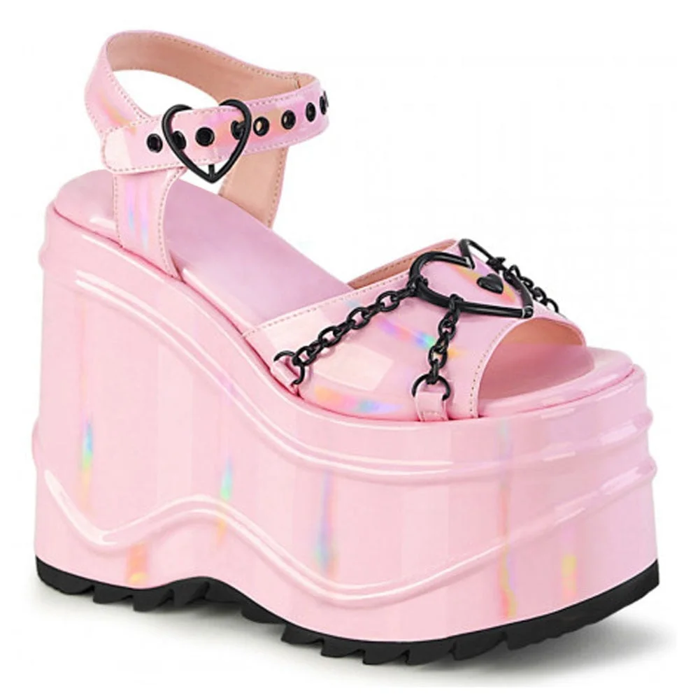 Brand Design 2021 Big Size 43 Chunky High Heel Black Gothic Cool Chains Punk Summer Platform Sandals Women Wedges Shoes