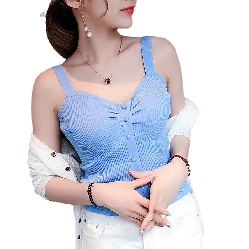 Uveng Uveng Short Sling Vest Female Hong Kong Flavor Retro Chic Korean Version Of Twisting Buckle Decorative Temperament Match Blouse Korean Tide