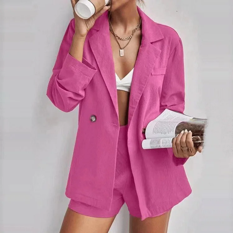 Women's Fashion Casual Long Sleeve Top Shorts Two Pieces Suit
