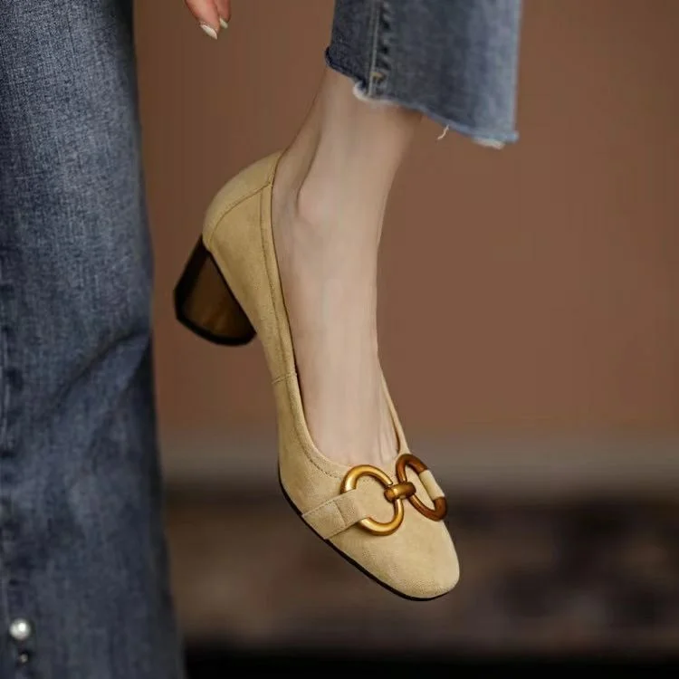 Square Toe Work Shoes Metal Decoration 3.5CM Women's High Heels 2022 Spring and Autumn New High Quality Fashion Blue