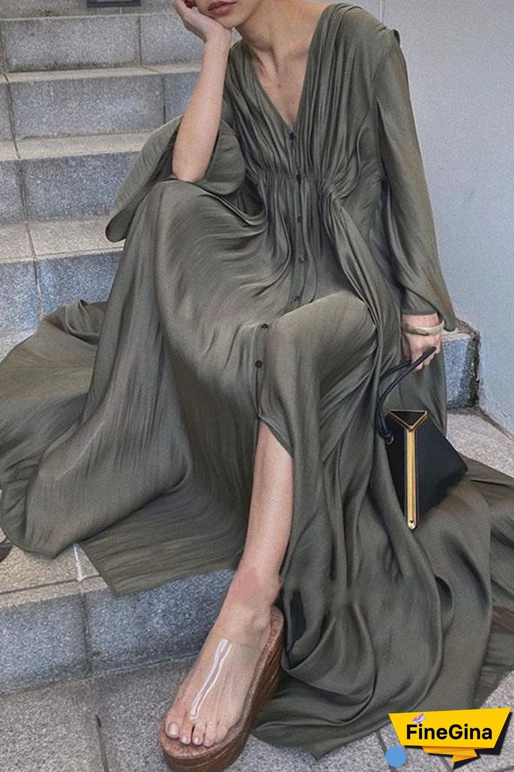 Fashion Street Solid Split Joint V Neck A Line Dresses