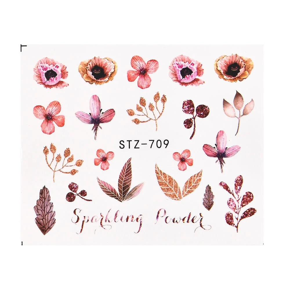 Coloful Flower Leaf 3D Stickers on Nails Decoration Tattoo Water Decals Nail Sticker UV Gel Slider Manicure Wraps-Nail Inspo