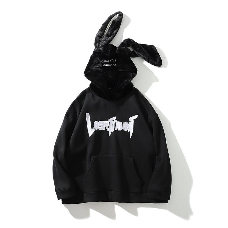 Rabbit Ears Hooded Sweater Male and Female Large Size Retro Sports Coat Loose Hoodie Fleece Lined Sweatshirt Men Thermal Hoodie