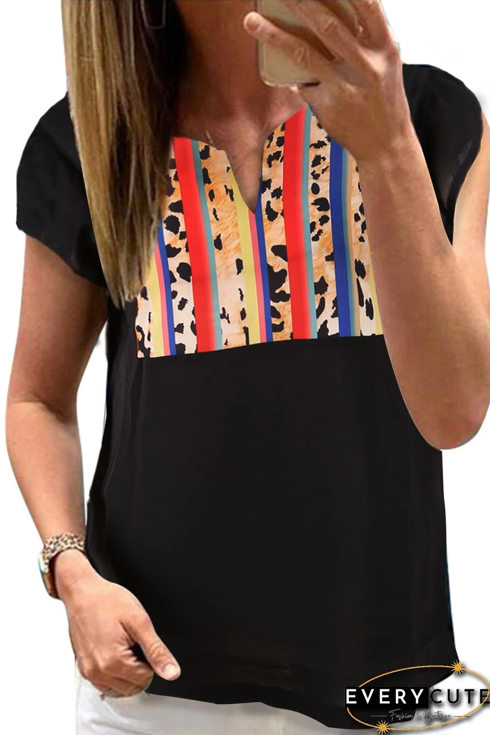 Colorful Striped Leopard Splicing T-Shirt