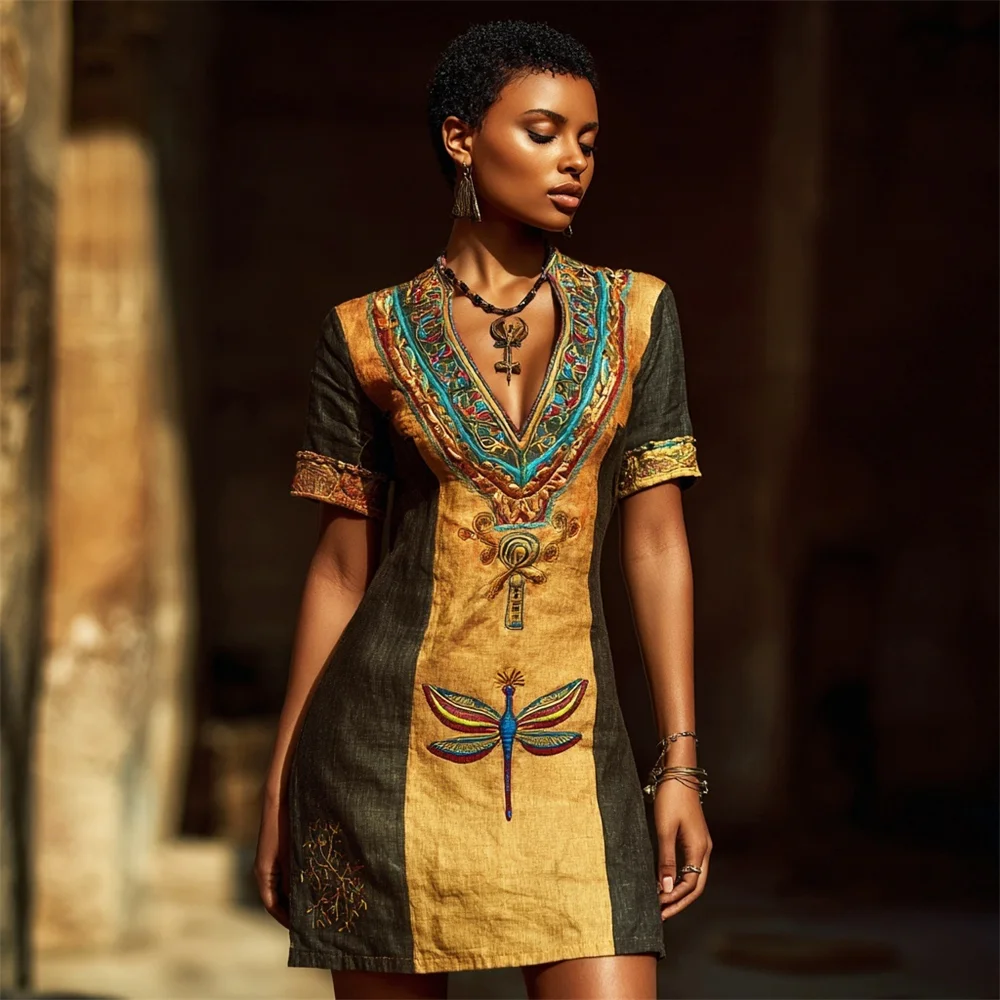 Egyptian Vintage Golden Dragonfly Element Women's Linen V-neck Mini Dress