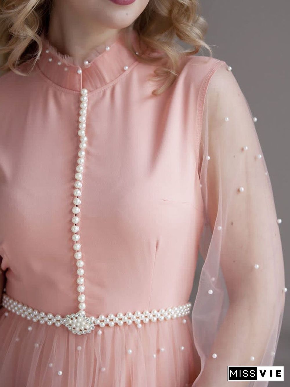 Elegant Pink Round Neck Chiffon Maxi Dress