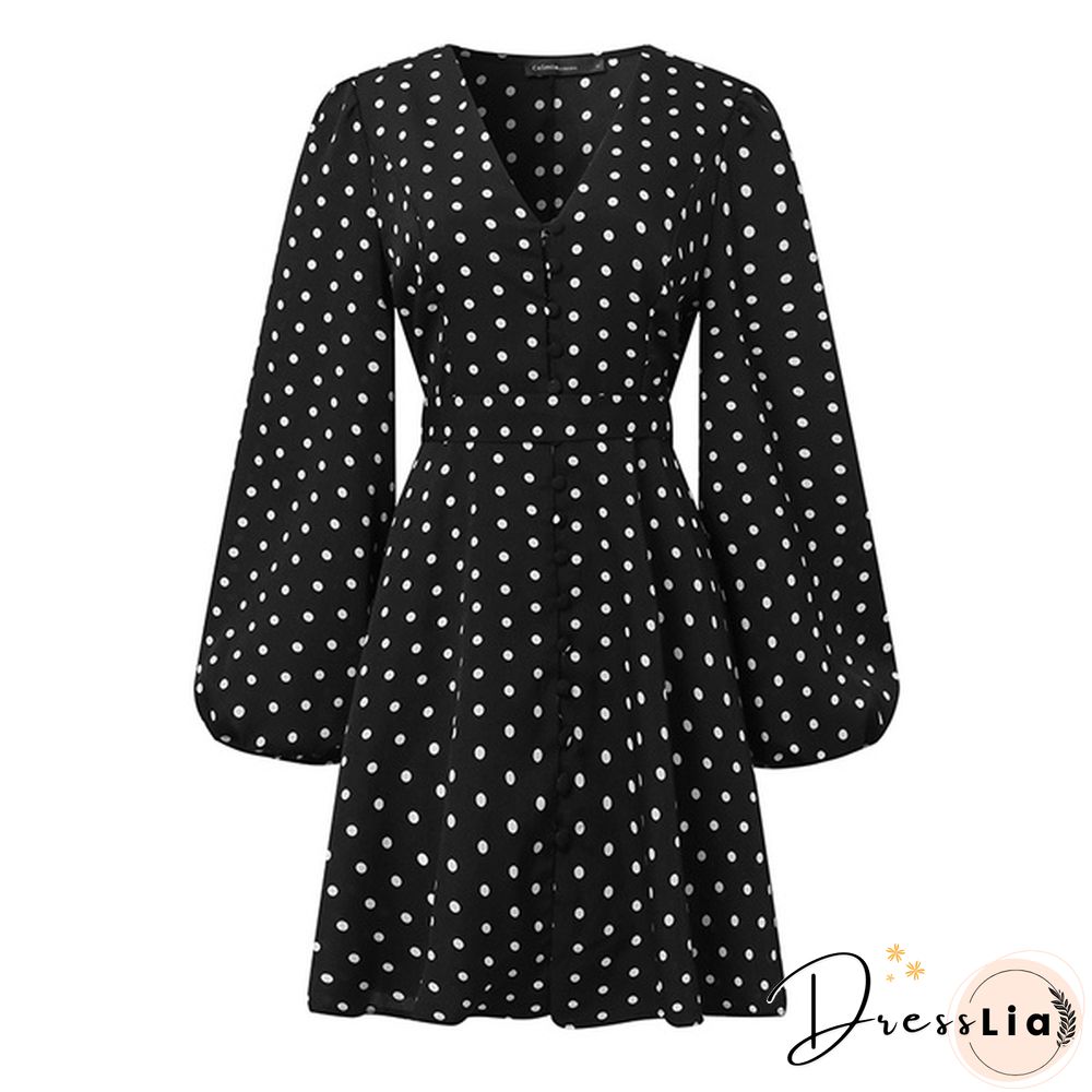Autumn Spring Dresses Women Stain Silk Polka Dot Puff Long Sleeve V Neck Party Mini A Line Dress Plus Size