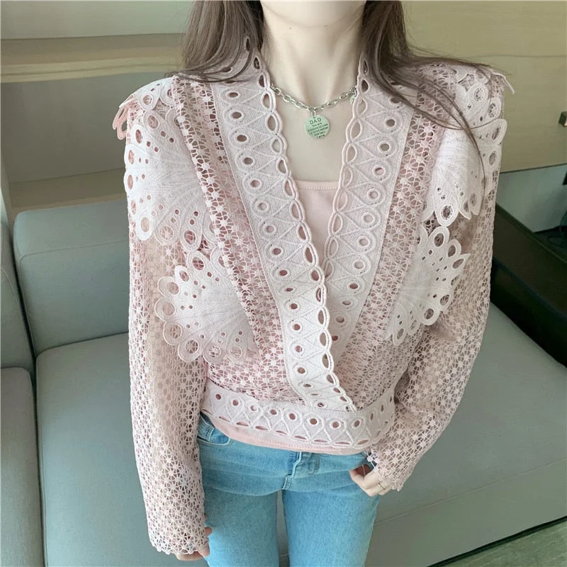 New Spring Lace Blouse Women Chic Crochet Hollow Butterfly Long Sleeve White Shirt Puff Sleeve Casual V-neck Tops Blusas 12960