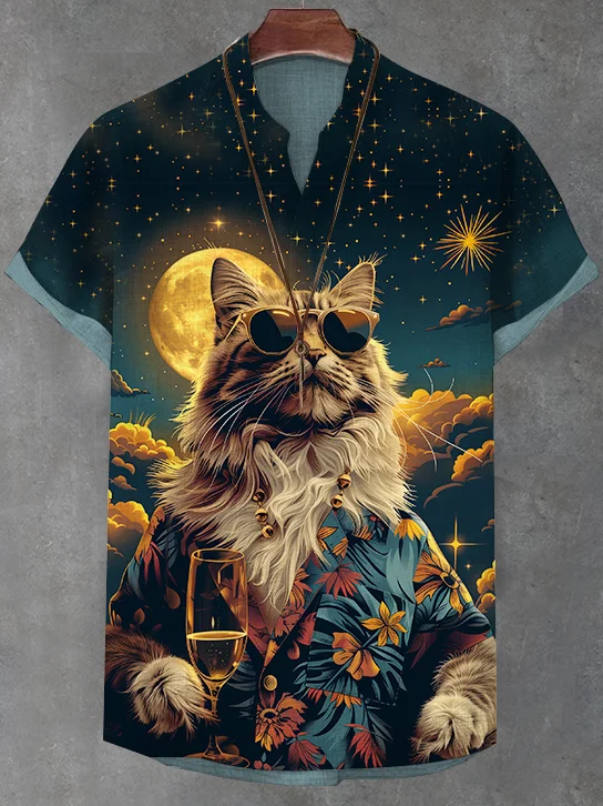 Men's Cool Cat Space Vacation Print V Neck T-Shirt