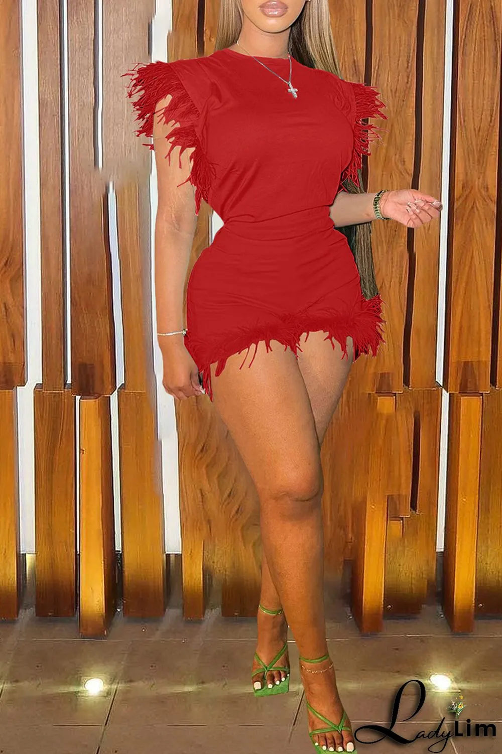 Cyan Fashion Casual Solid Patchwork Feathers O Neck Sleeveless Two Pieces