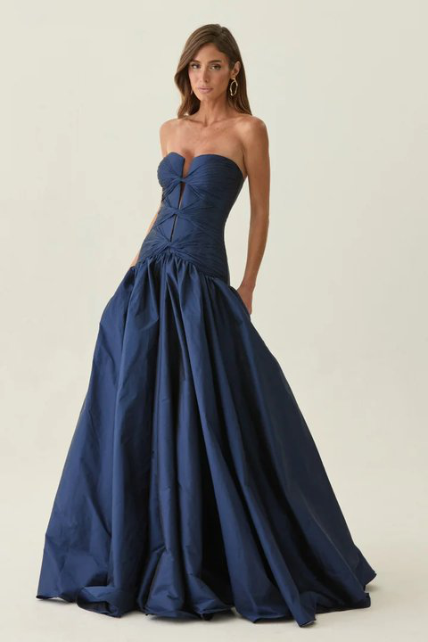 Lussooy Elegant Dark Navy Strapless Sleeveless Evening Dress with Corset