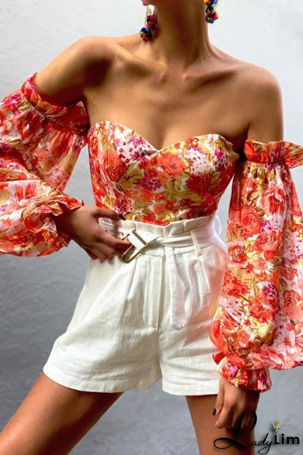 Khaki Fashion Print Patchwork Off the Shoulder Tops