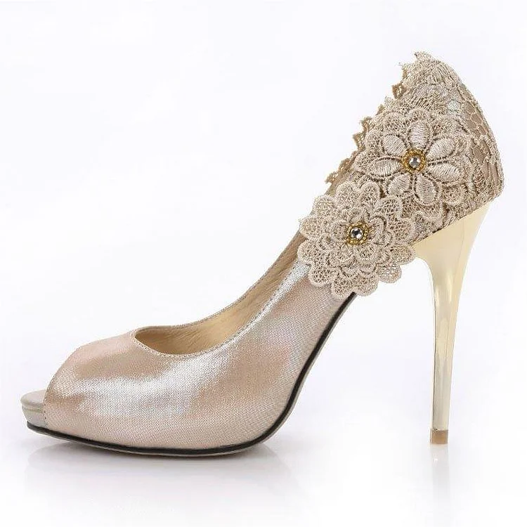 Champagne Lace Flowers Wedding Shoes Peep Toe Stiletto Heels |FSJ Shoes