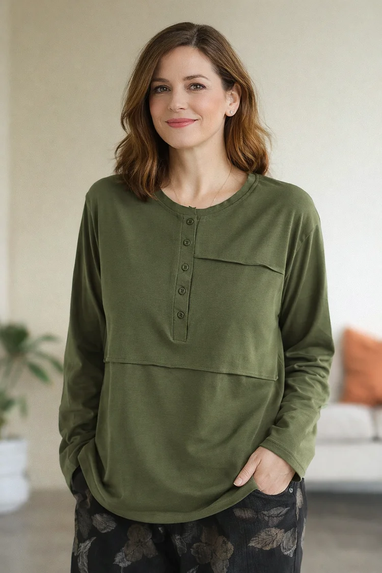 Women&rsquo;s Loose Fit Long Sleeve Henley Top &ndash; Soft Stretch, Relaxed Comfort socialshop