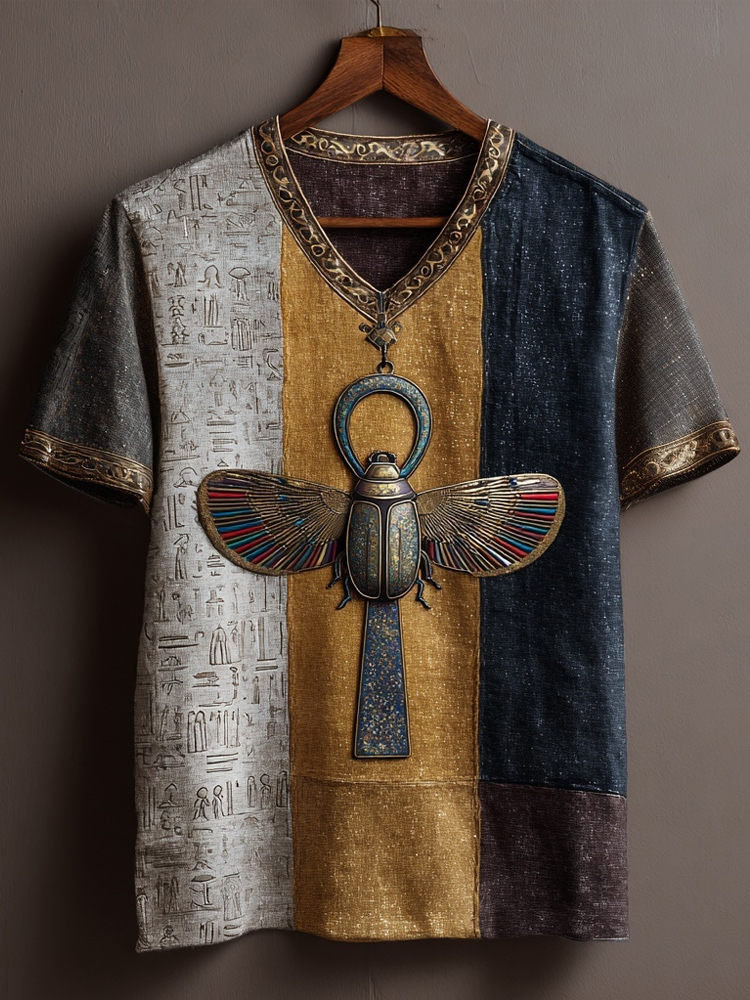 Comstylish Ankh & Scarab Beetle Ancient Egyptian Colorblock Linen Shirt