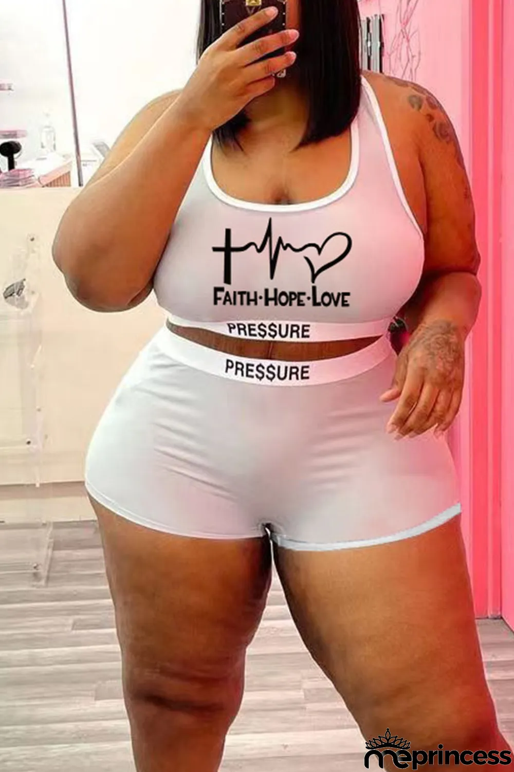 Black Casual Street Print Split Joint U Neck Plus Size Two Pieces